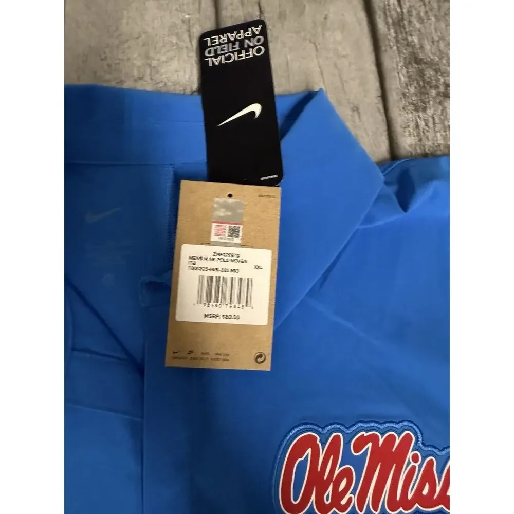 NWT Men's Nike Ole Miss Rebels Woven Polo XXL Lt Blue 2XL On Field SS Windbreake